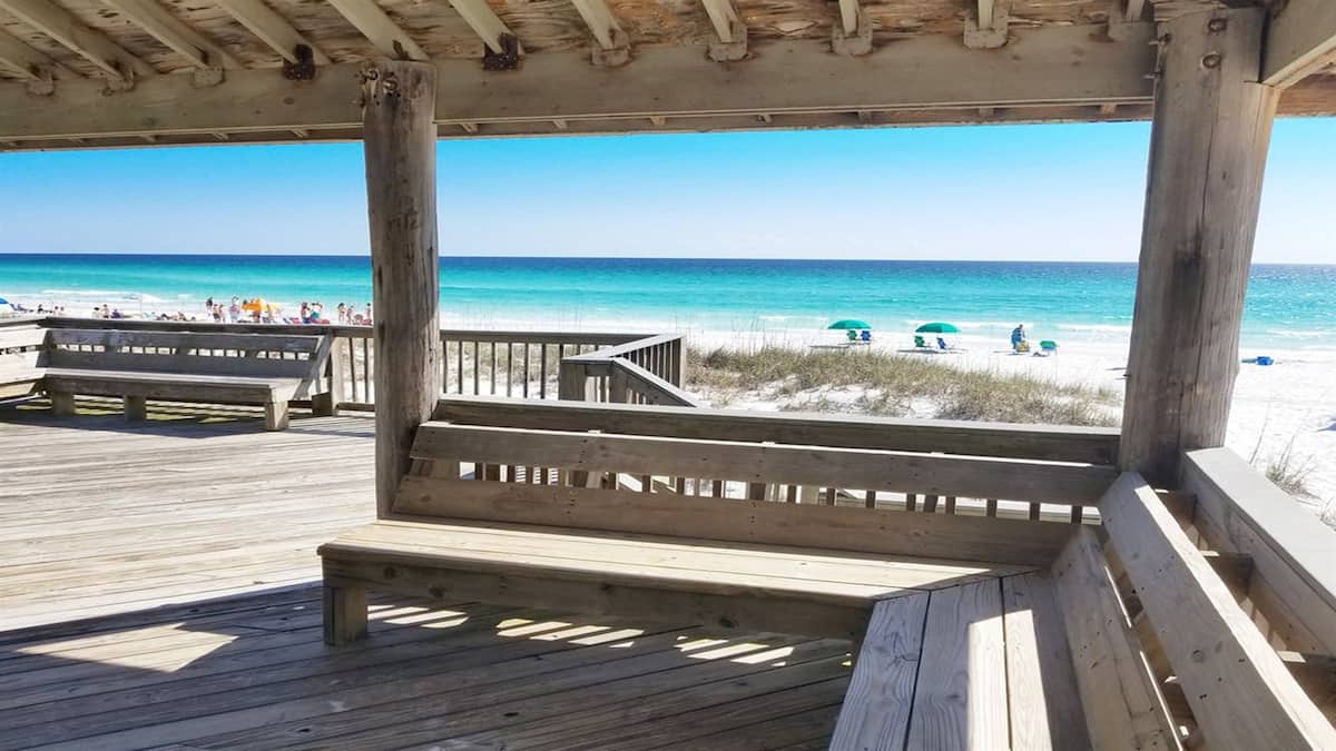 Emerald water and beach viewed from the Gulf Winds gazebo